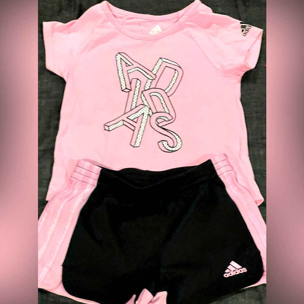 Adidas girls pink and black athletic outfit